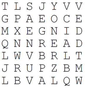 Seven by seven grid extract of word search, showing random letters.